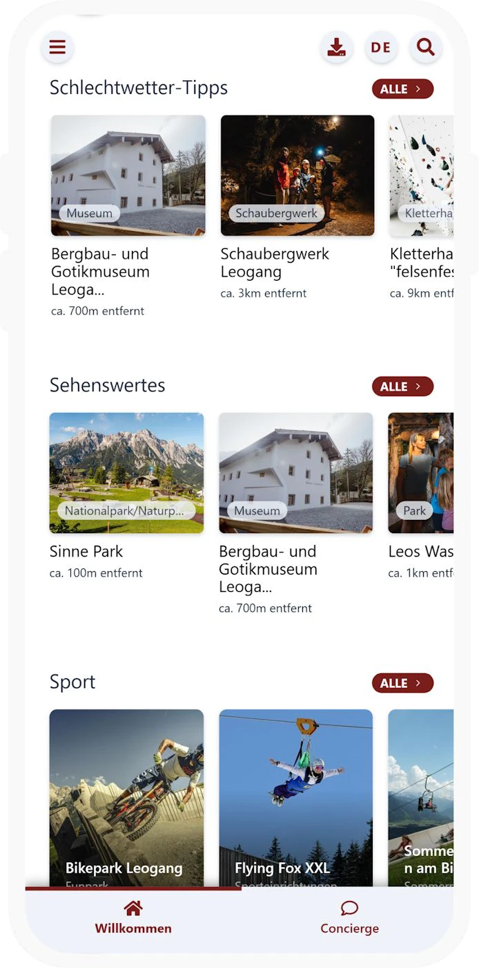Thematische Empfehlungen in der Gäste-App mit Schlechtwetter-Tipps und Sehenswürdigkeiten