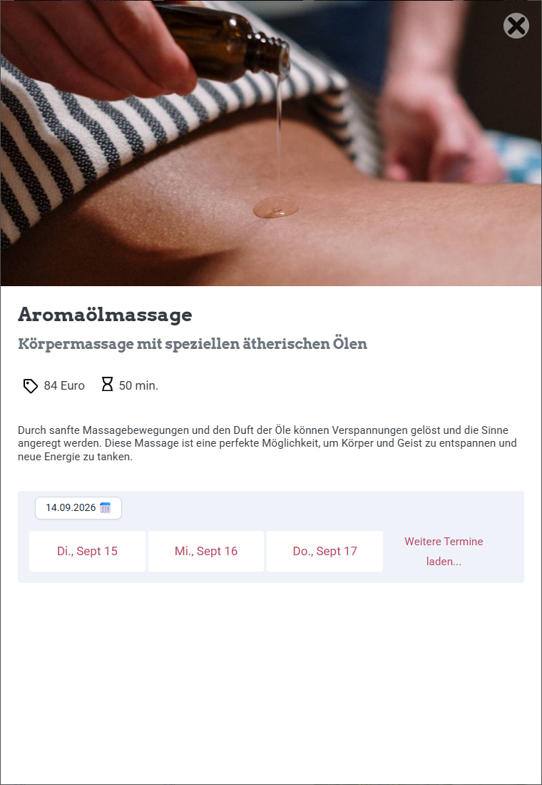 Wellness-Detailansicht der EDELWEISS-Demo: Aromaölmassage mit Beispielpreis und Terminauswahl