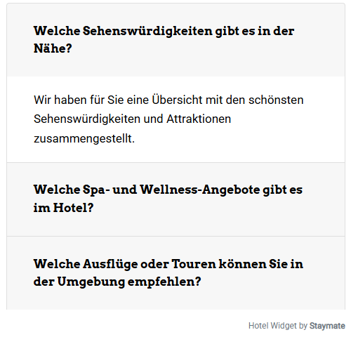 Staymate FAQ-Widget der EDELWEISS-Demo mit Fragen zu Sehenswürdigkeiten, Wellness und Touren