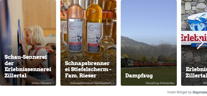 Staymate Empfehlungen-Slider der EDELWEISS-Demo mit Erlebnissennerei, Schnapsbrennerei und Dampfzug