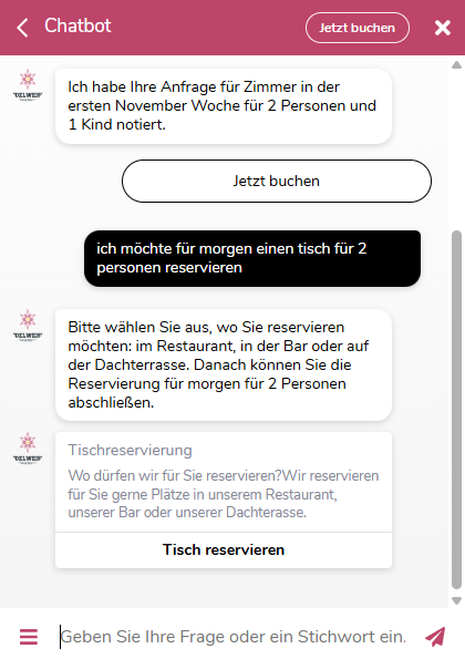Tischanfrage für morgen und zwei Personen mit Karte zum Öffnen der Tischreservierung.