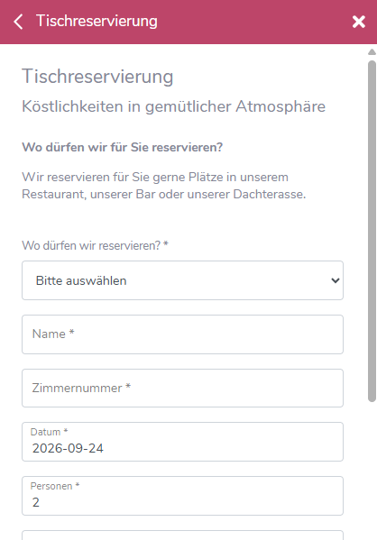 Tischreservierungsformular mit vorausgefülltem Datum und zwei Personen; Name und Zimmernummer sind noch leer.