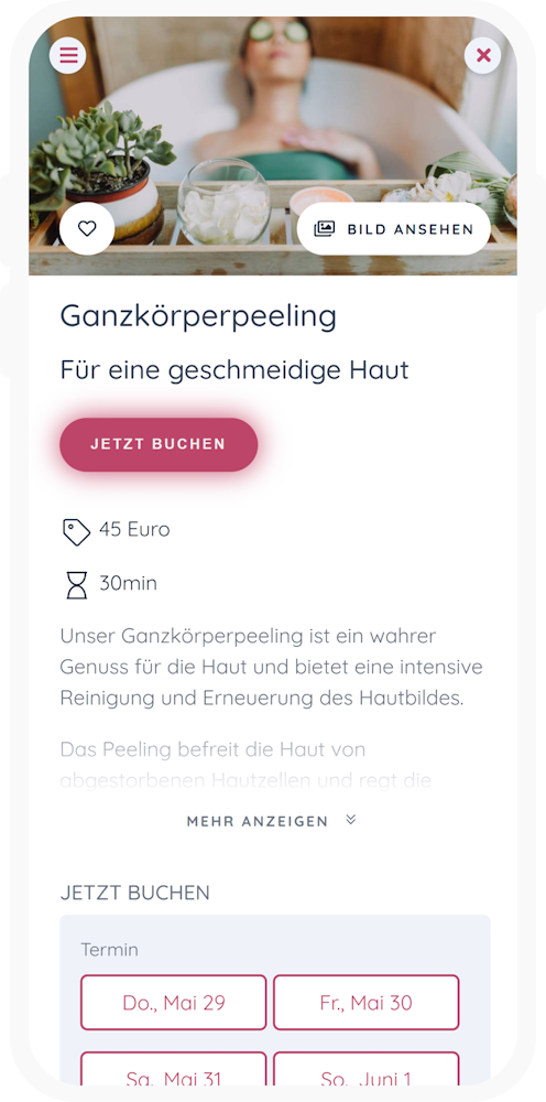 Spa-Behandlung in der Staymate Gäste-App mit Preis, Dauer und Auswahl verfügbarer Termine