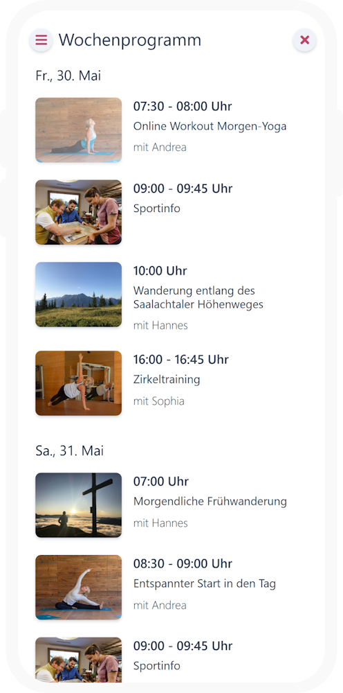Staymate Wochenprogramm mit Yoga, Wanderung und Zirkeltraining auf dem Smartphone
