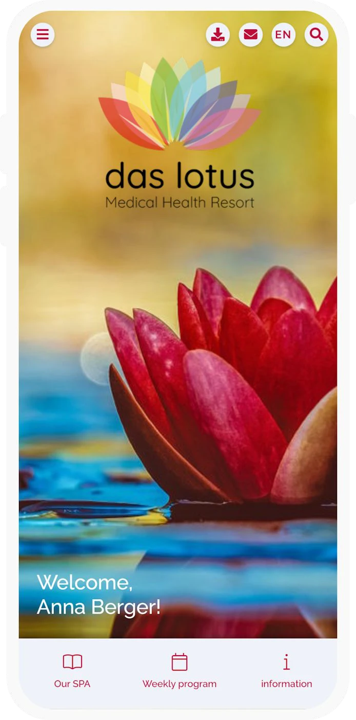 Gäste-App im individuellen Lotus-Hoteldesign mit eigenen Farben und Bildern