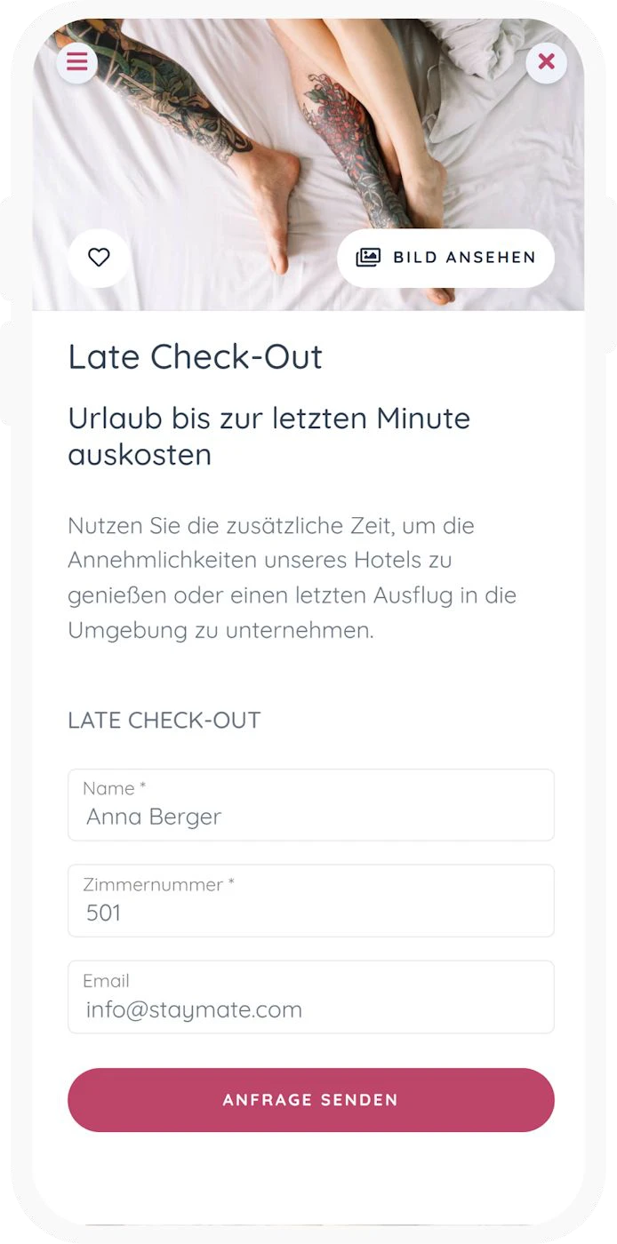 Late-Check-out-Anfrage mit Formular in der Staymate Gäste-App
