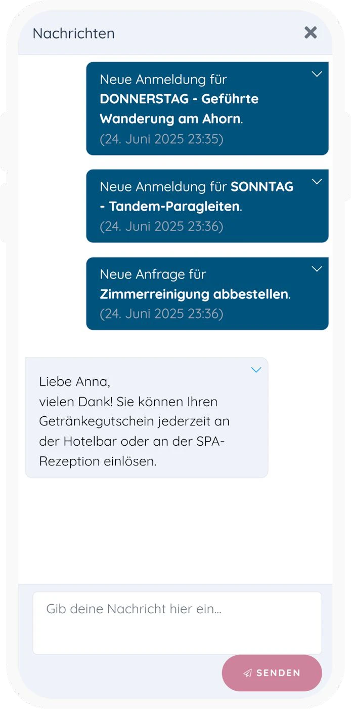 Nachrichtenansicht der Gäste-App mit Anmeldungen und persönlicher Nachricht