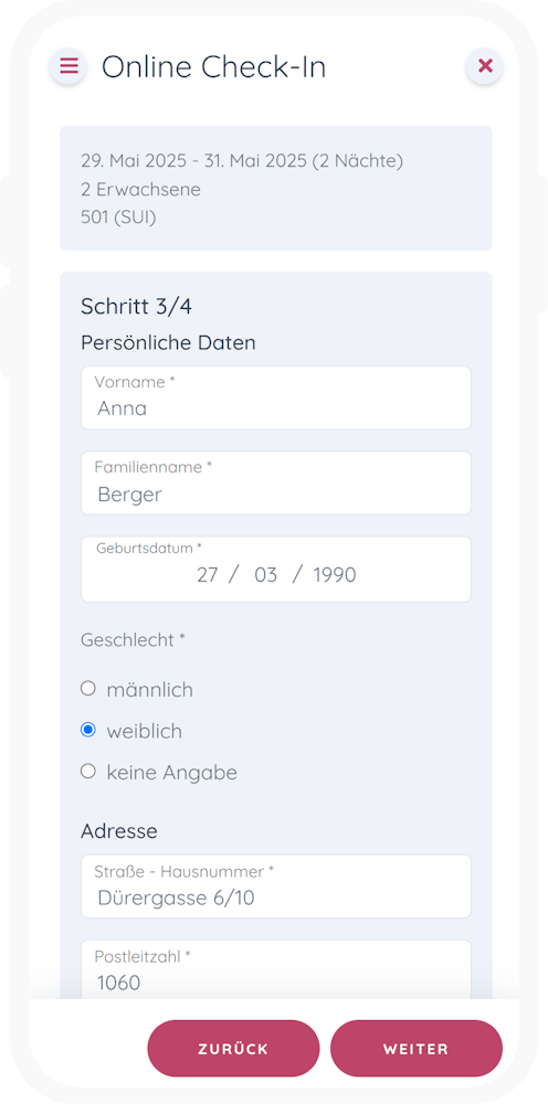 Staymate Online Check-In mit vorausgefüllten persönlichen Daten