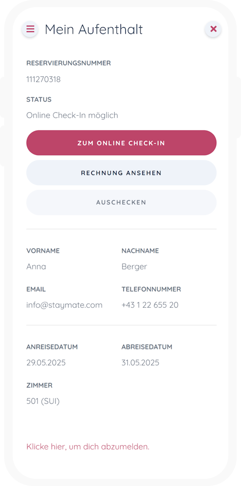 Staymate Aufenthaltsübersicht mit Schaltfläche zum Online Check-In