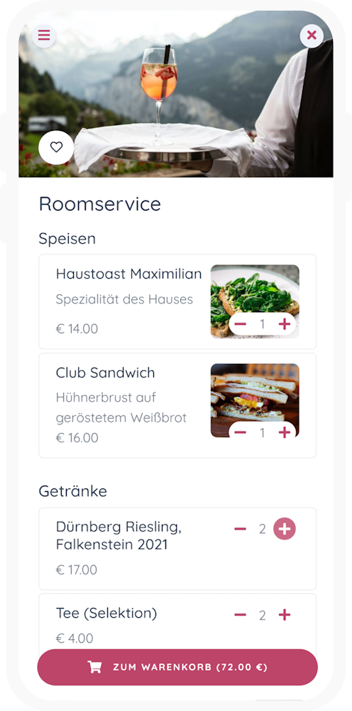 Roomservice in der Staymate App: Speisen und Getränke auswählen und zum Warenkorb hinzufügen