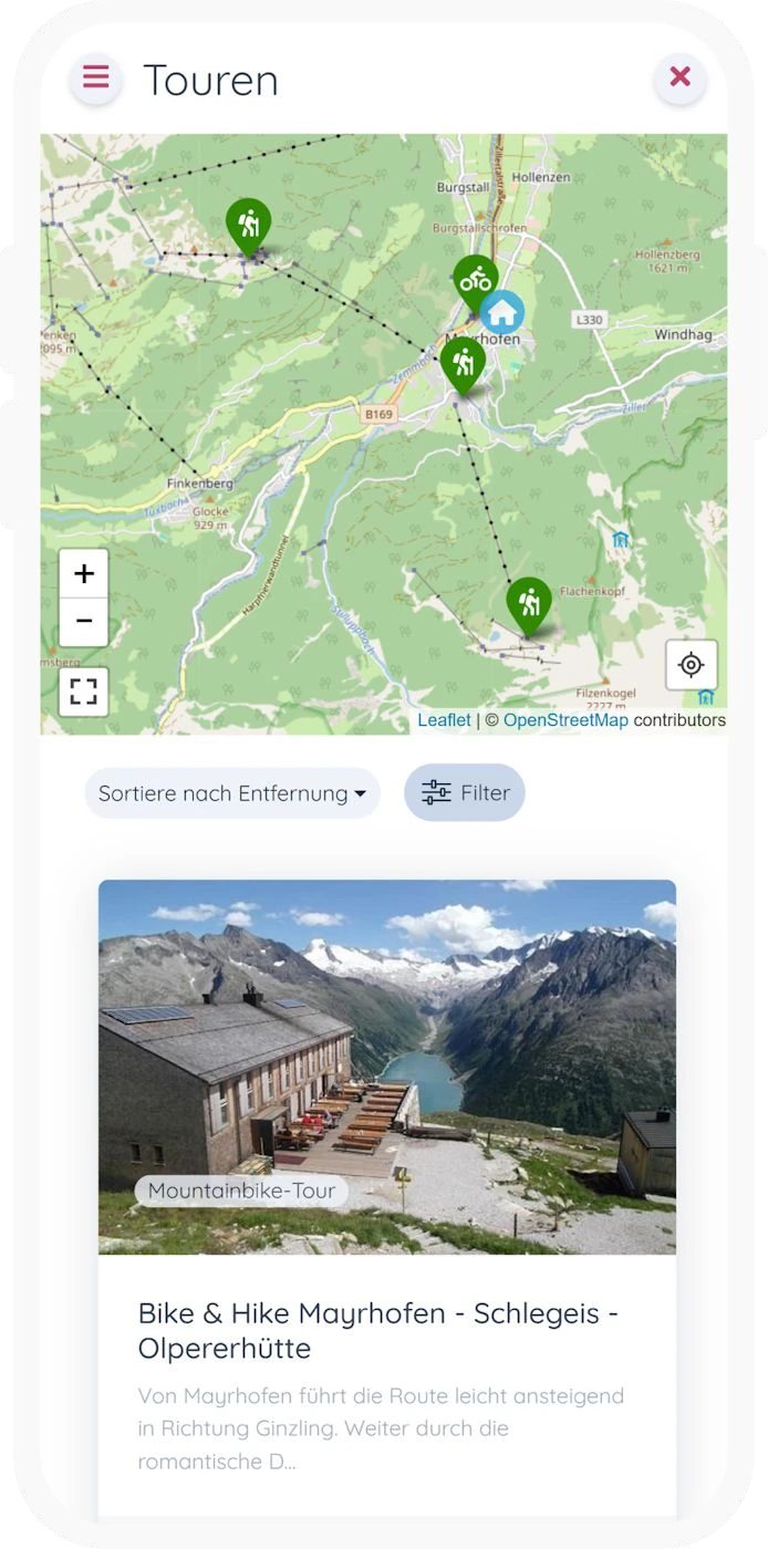 Tourenempfehlung mit Karte und Routenverlauf in der Gäste-App