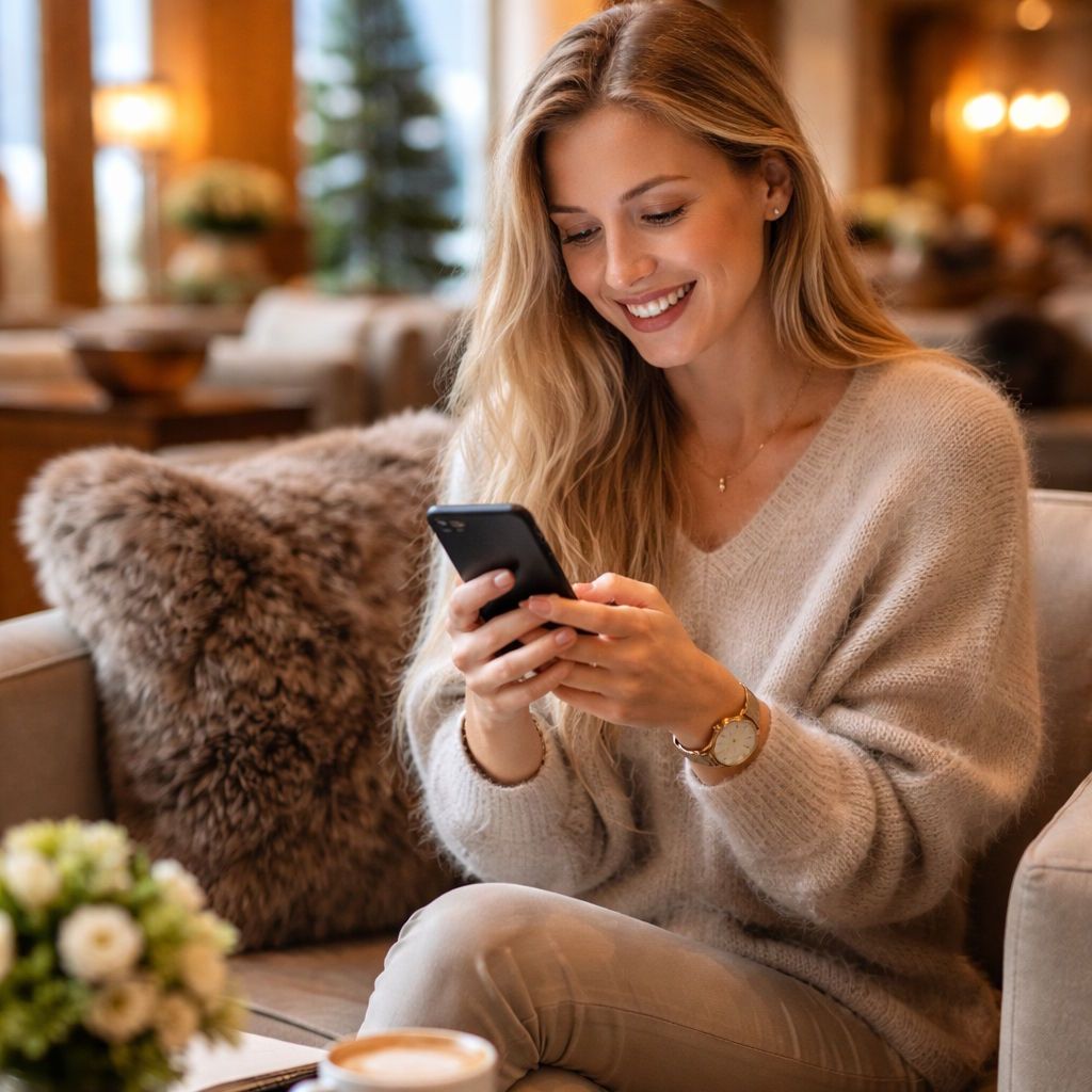 Frau bei der Nutzung der Staymate Gäste App am Smartphone