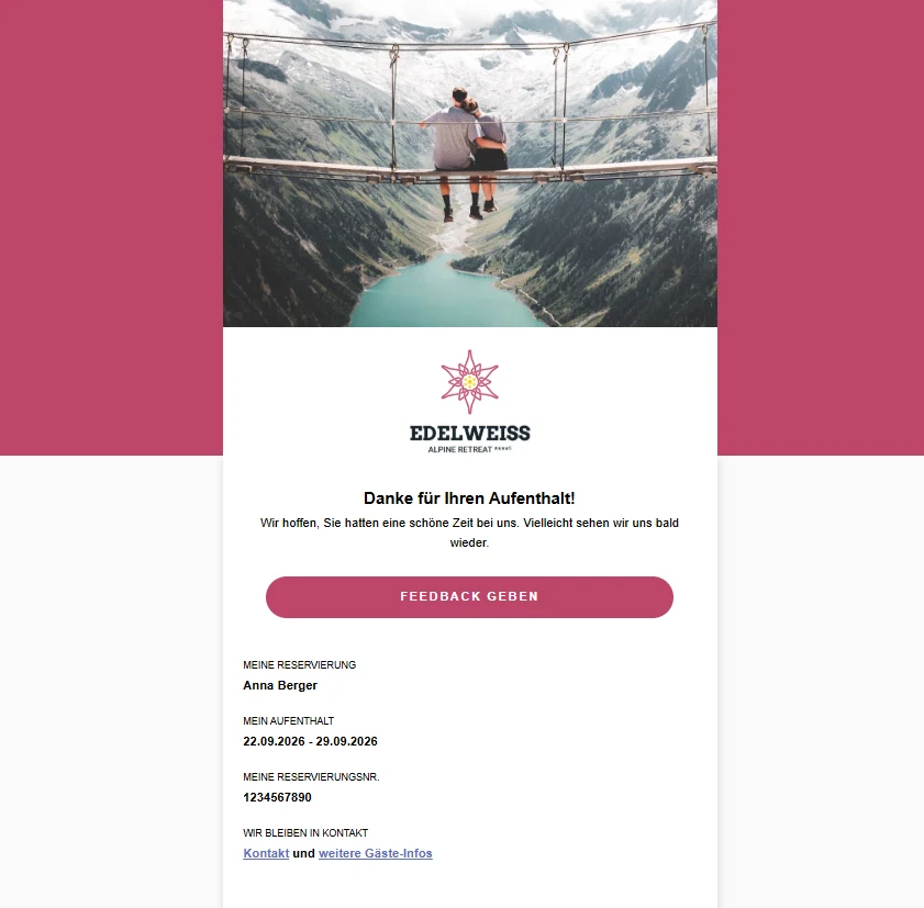 Beispiel einer E-Mail nach dem Aufenthalt mit Dankeschön, Feedback-Button und Gäste-Informationen