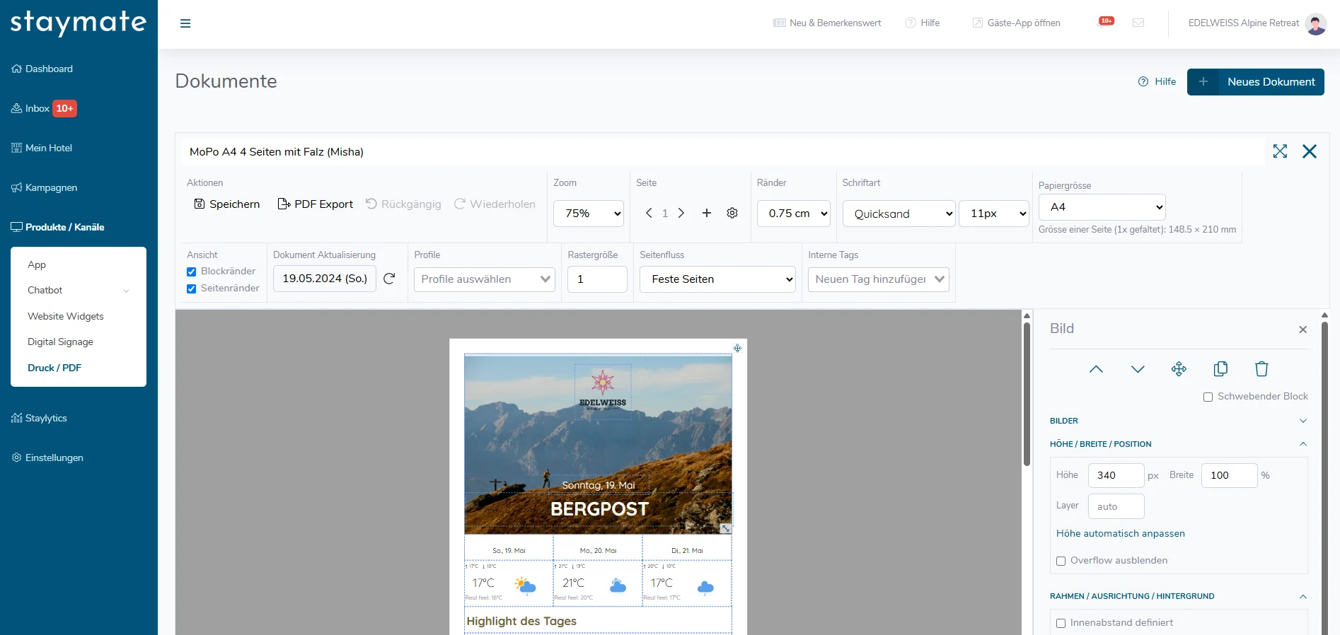 Printdocs-Editor mit einer gestalteten Bergpost und Bearbeitungswerkzeugen