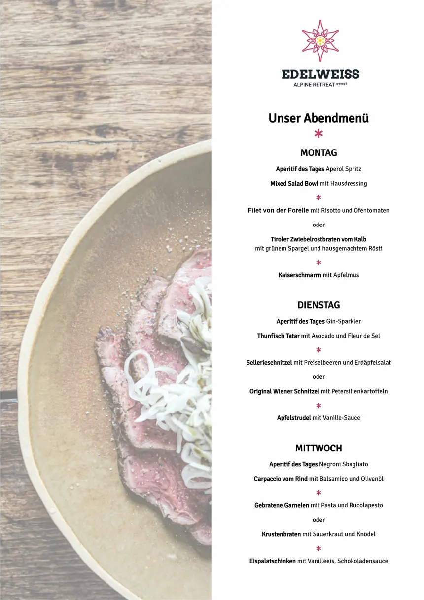 EDELWEISS Abendmenü im Corporate Design