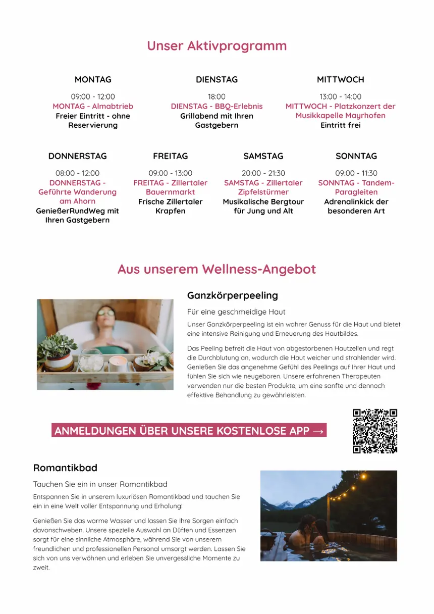 EDELWEISS Aktivprogramm mit Wellnessangeboten und QR-Code