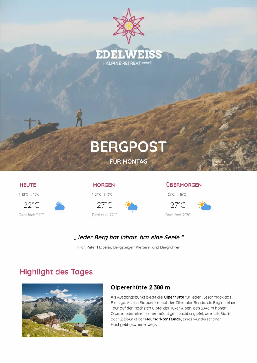 EDELWEISS Bergpost mit Wetter und Ausflugstipp